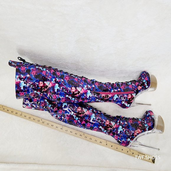 Bulls Cobalt Multi Color Print Patent OTK Clear Platform High Heel Thigh Boots - Picture 13 of 13